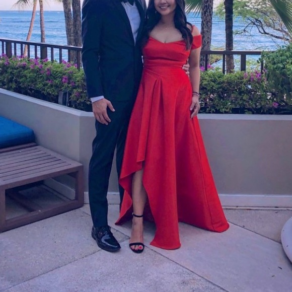 Bagley Mishka red asymmetrical gown off shoulder - Picture 9 of 14